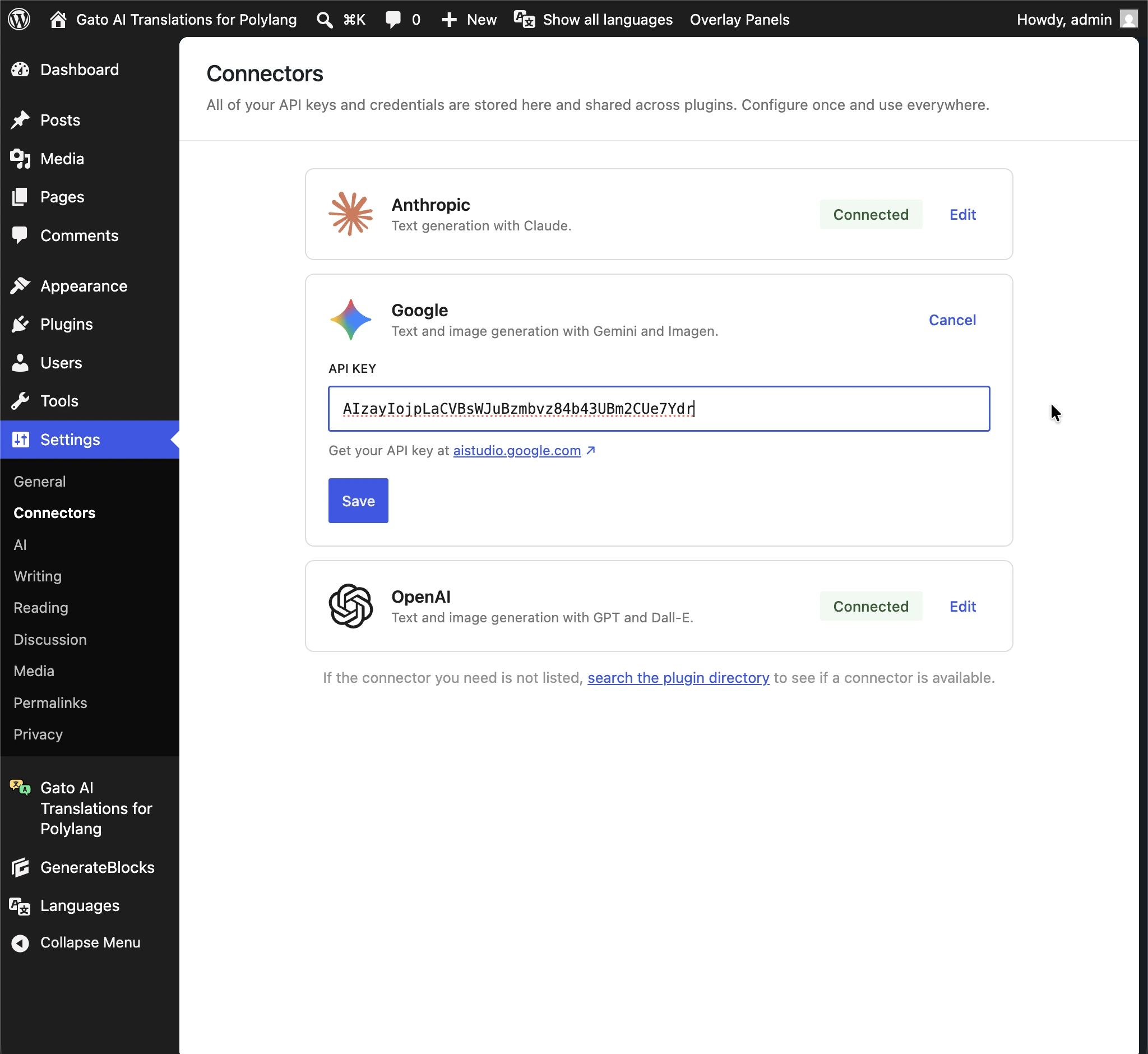 API-ключи для Anthropic, Google и OpenAI берутся из WordPress AI Connectors