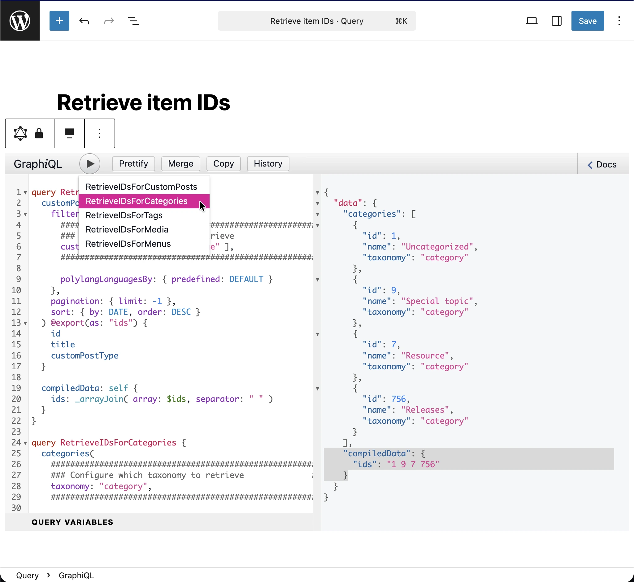 Выполнение запроса 'Retrieve item IDs'