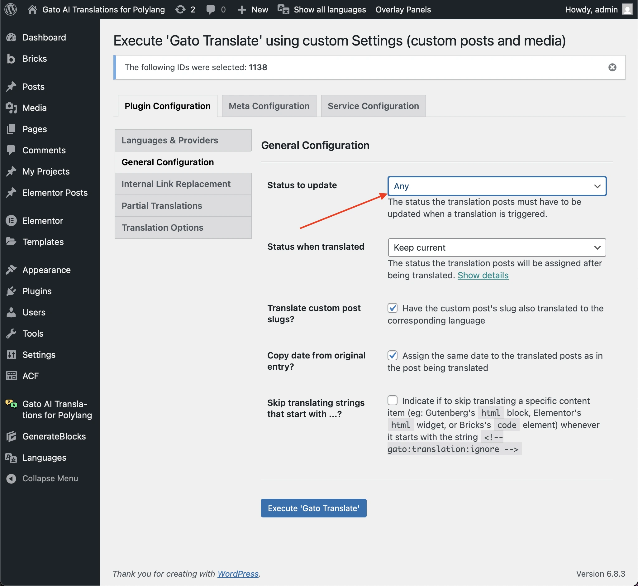 Установка параметра «Status to update» в значение «Publish» или «Any»