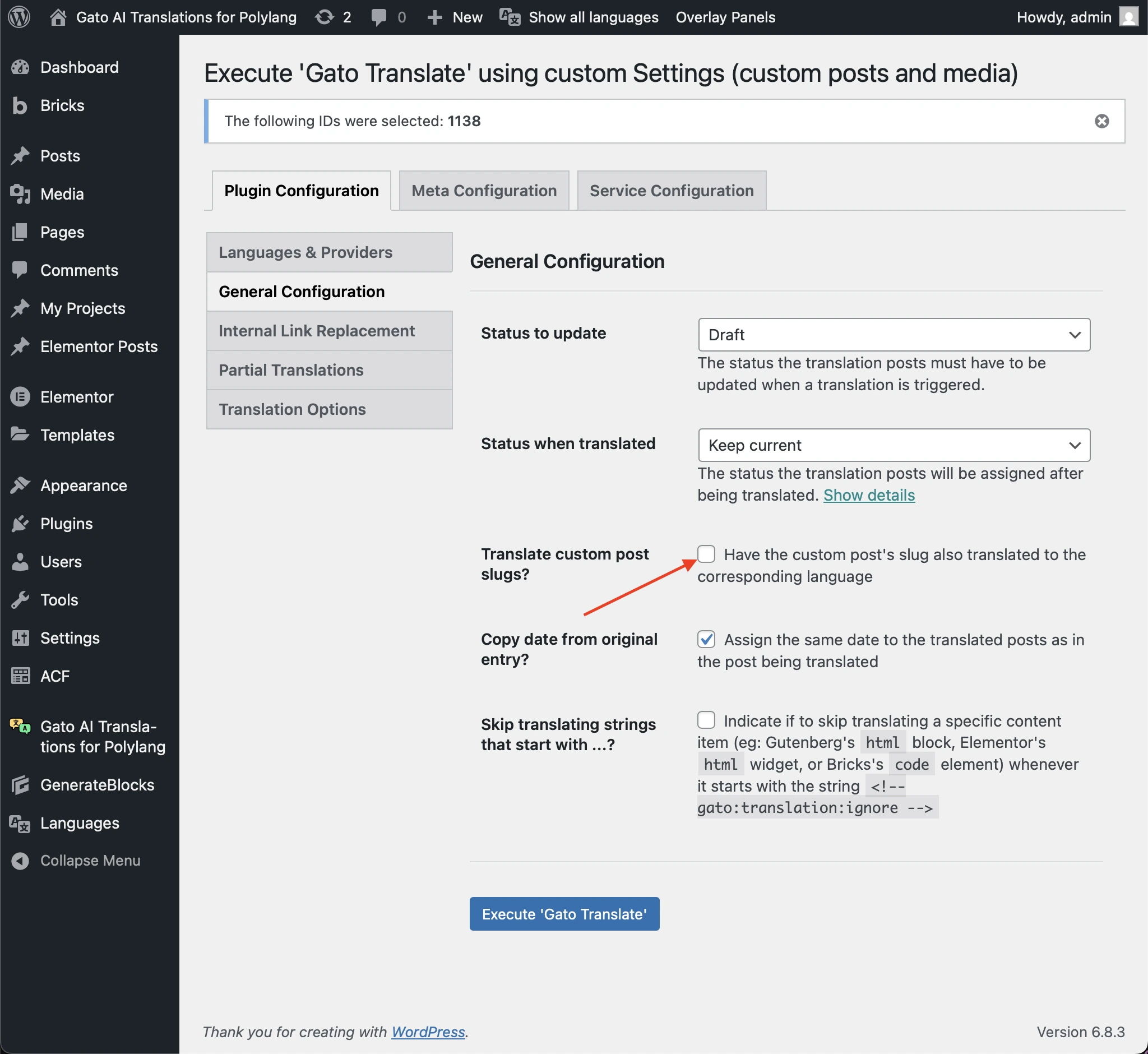 Снятие флажка «Translate custom post slugs?»