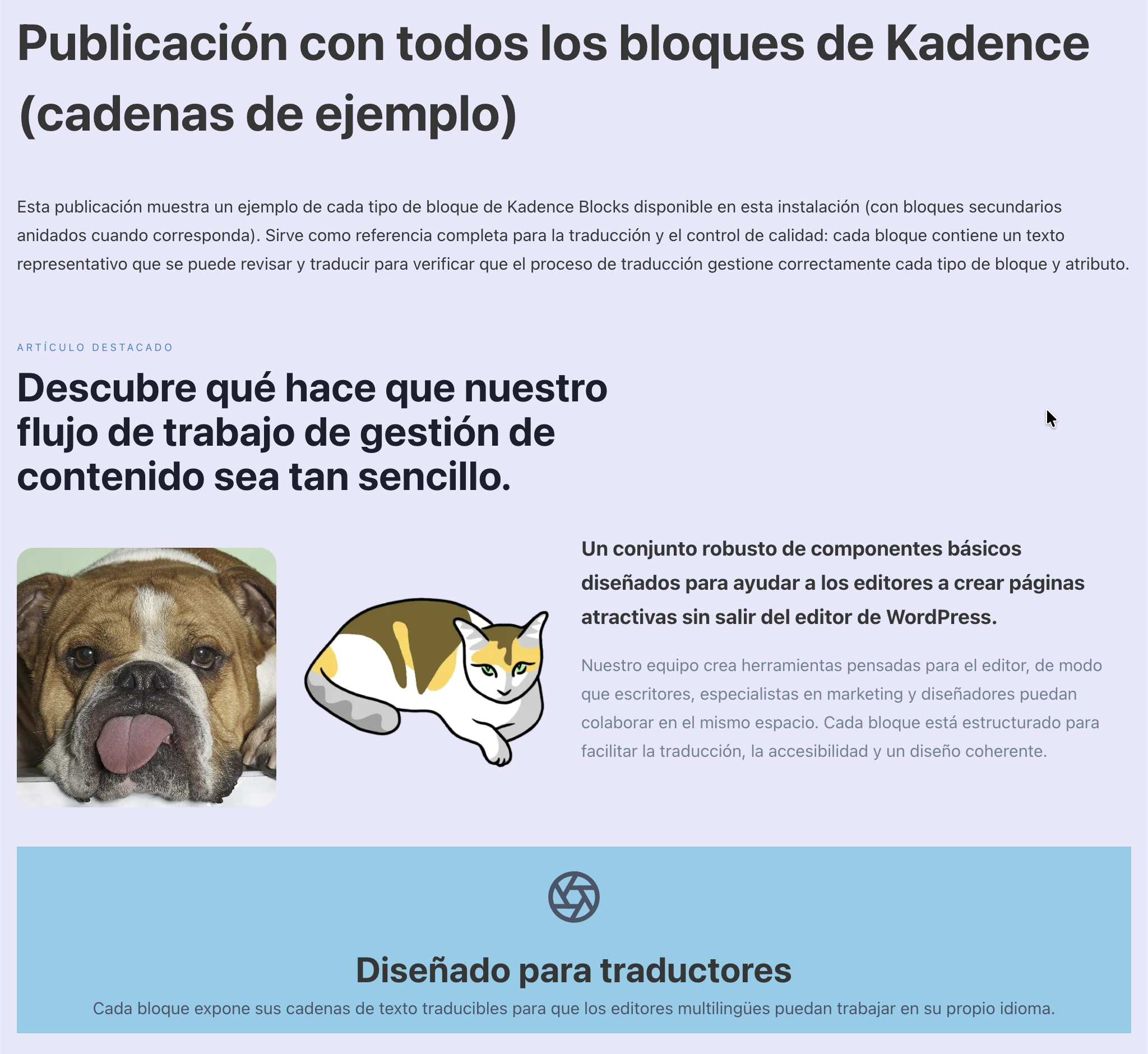 Переведённые блоки Kadence