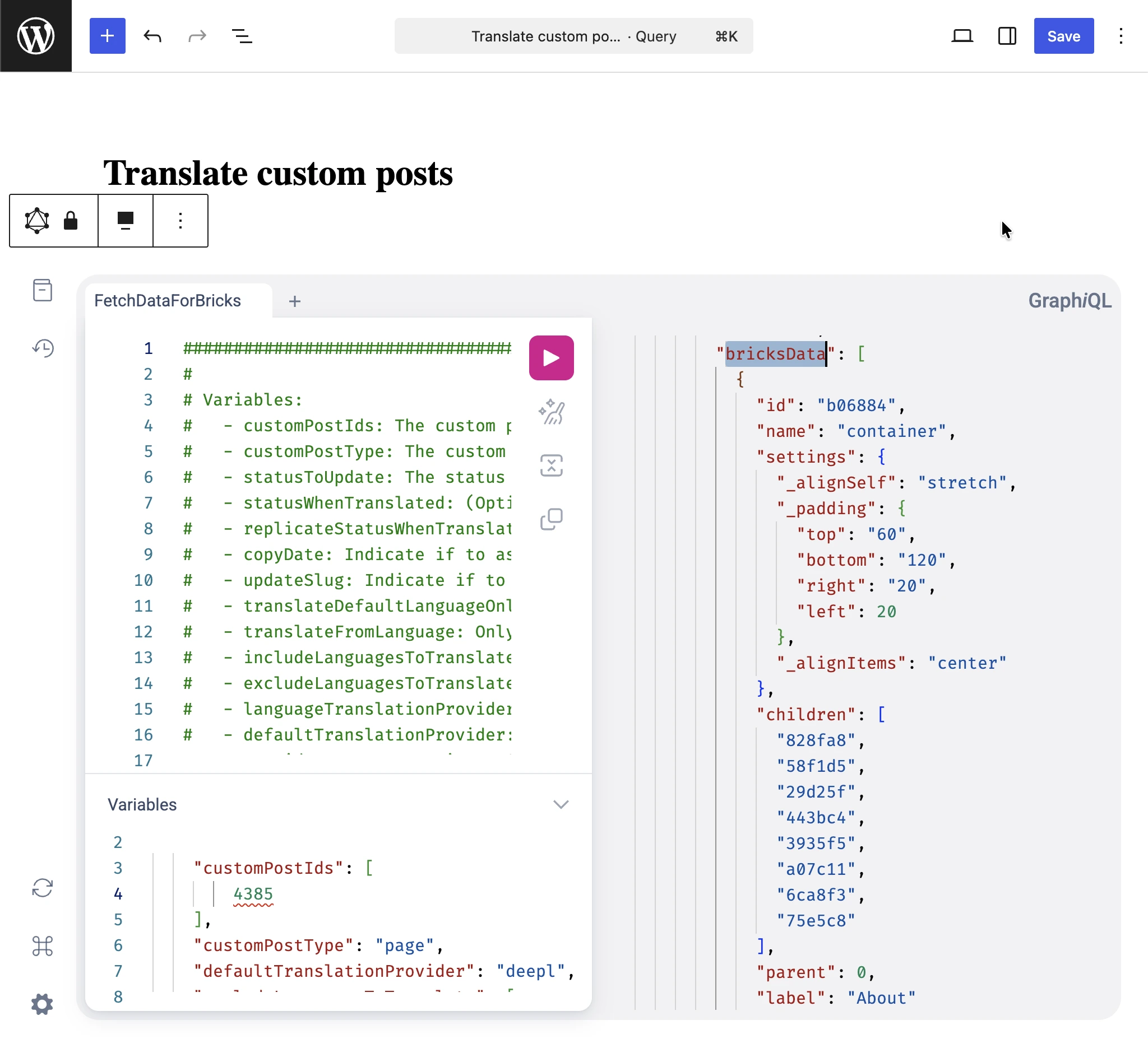 Проверка bricksData в ответе GraphQL запроса Translate custom posts