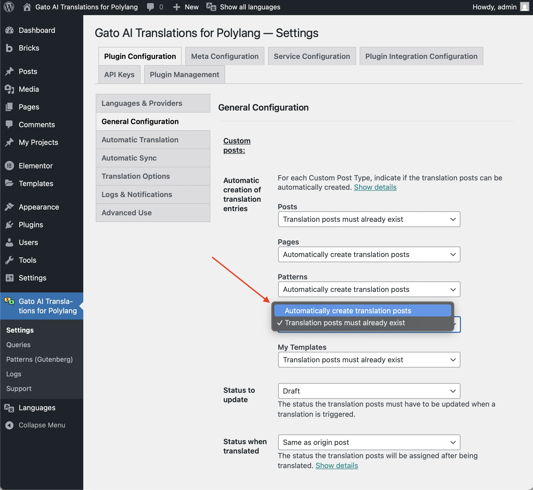 Настройка опции «Automatic creation of translation entries»