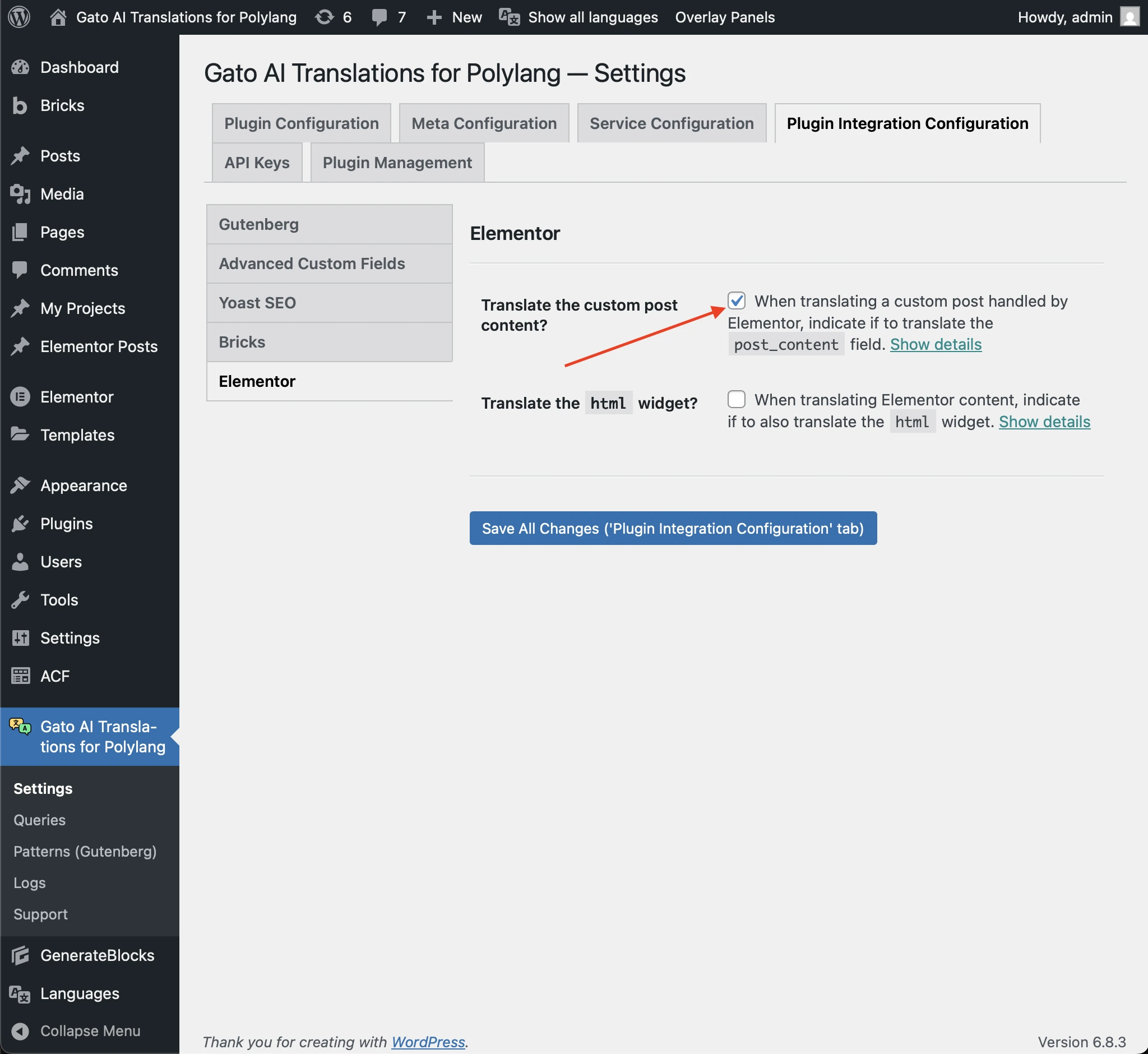 Настройка опции «Translate content» для Elementor