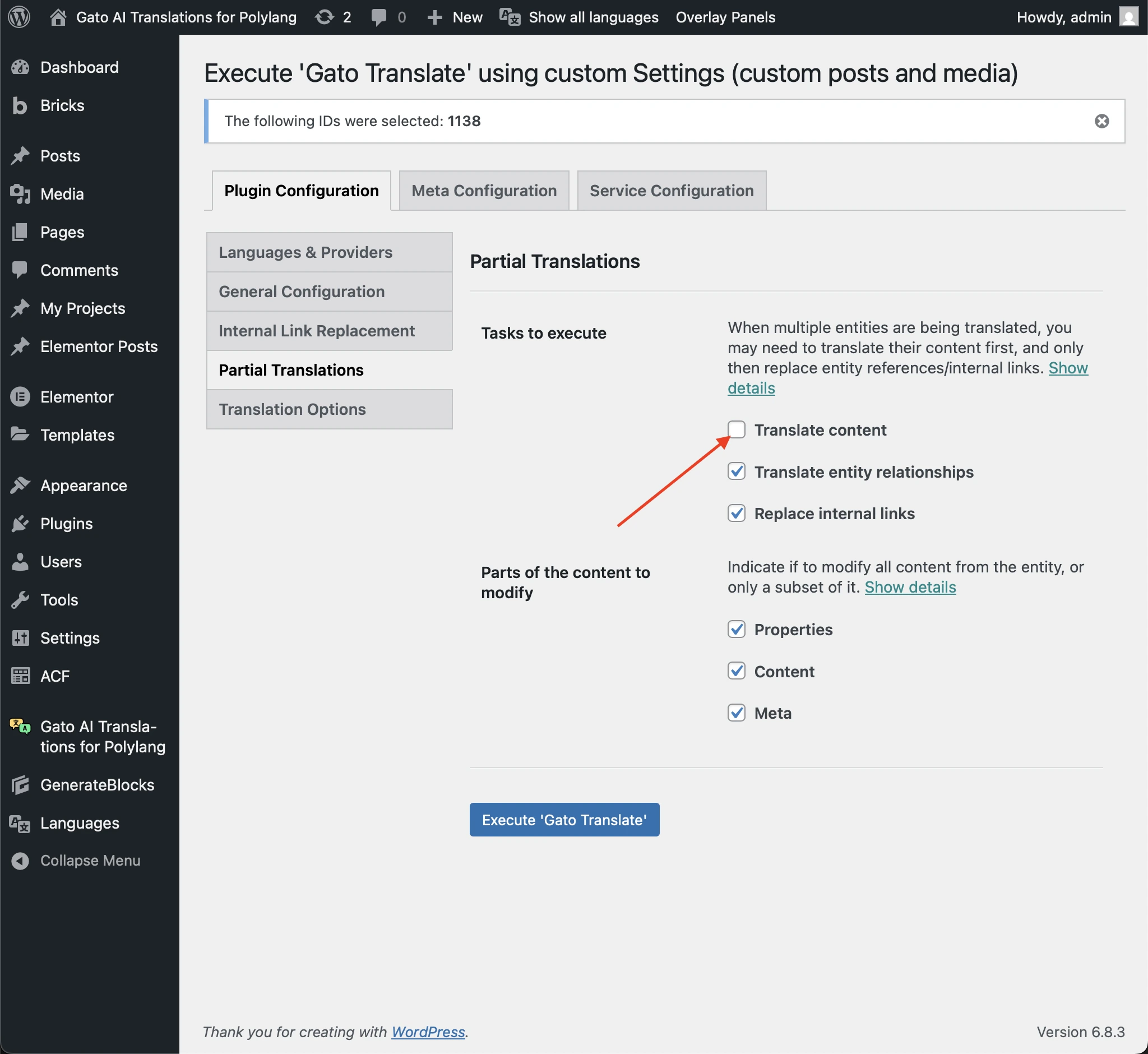 Отключение параметра «Translate content»