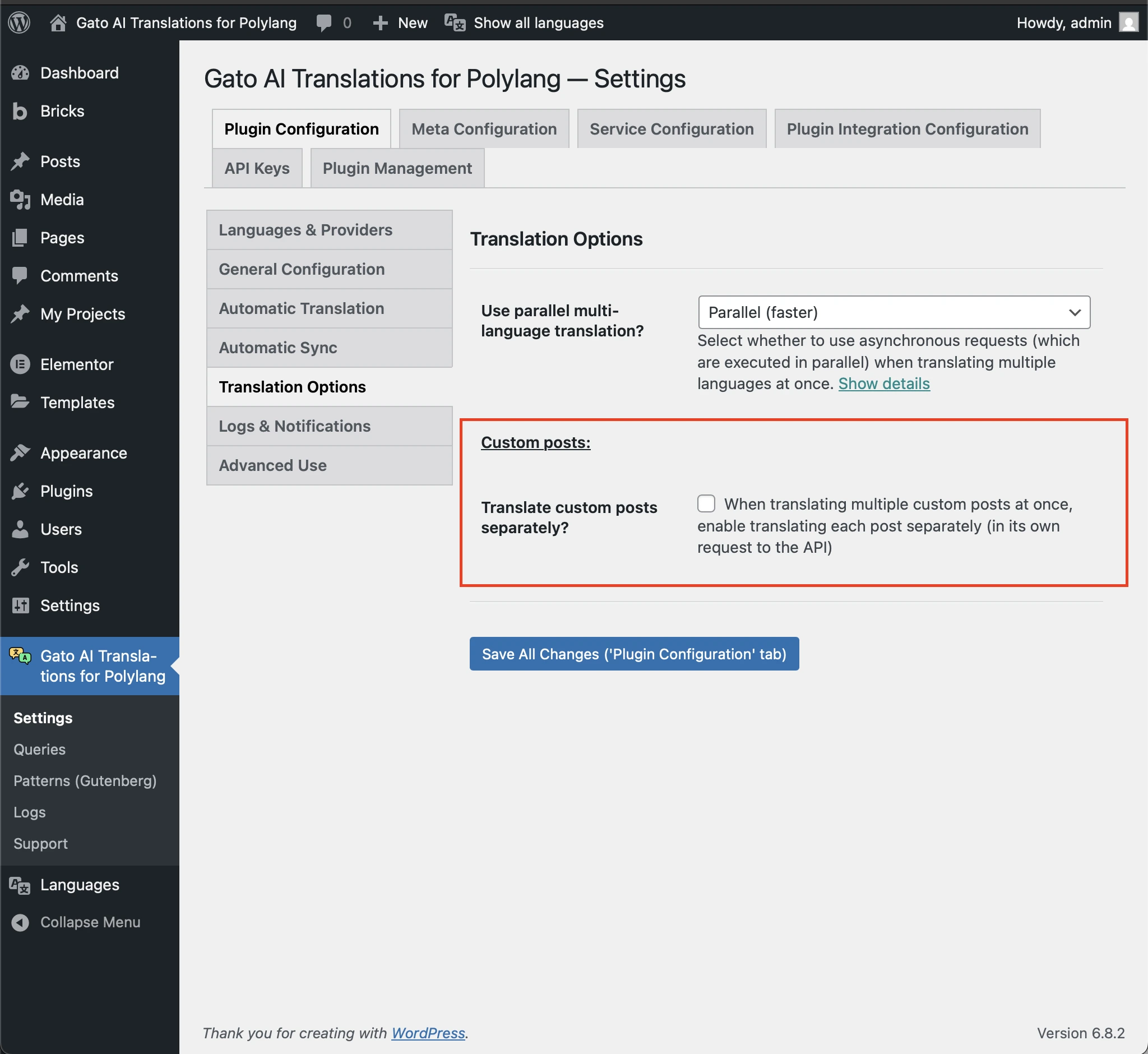 Параметр «Translate custom posts separately?» в настройках