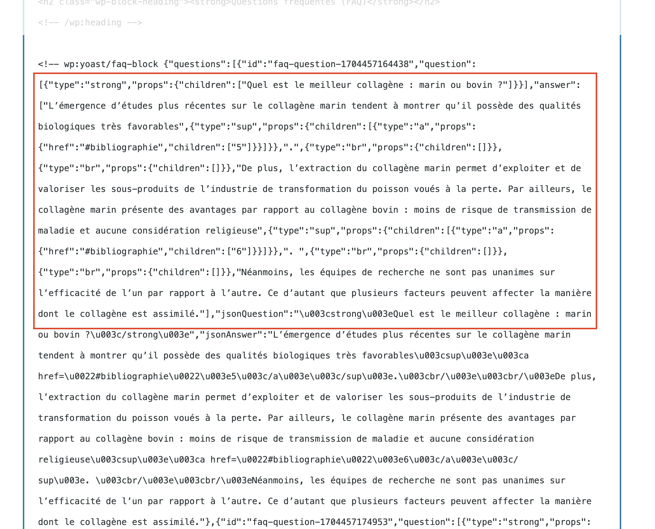 Код блока Yoast FAQ с HTML-тегами