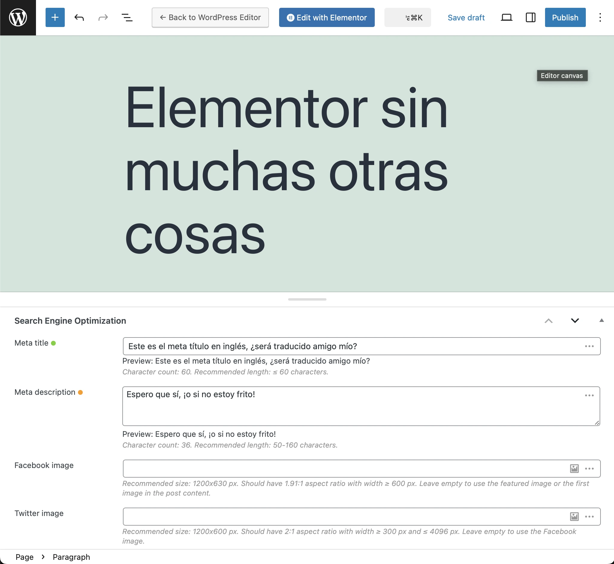 Страница, переведённая на испанский язык, с переведёнными мета Slim SEO